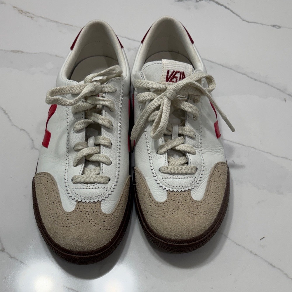 Veja Women's White Cream Burgundy Red Sneakers - Picture 2 of 11